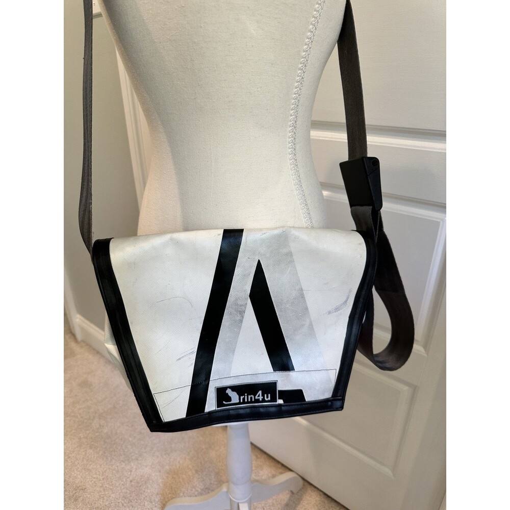 Upcycled Tarp Mini Messenger Bag Waterproof Commuter Crossbody Seatbelt Strap